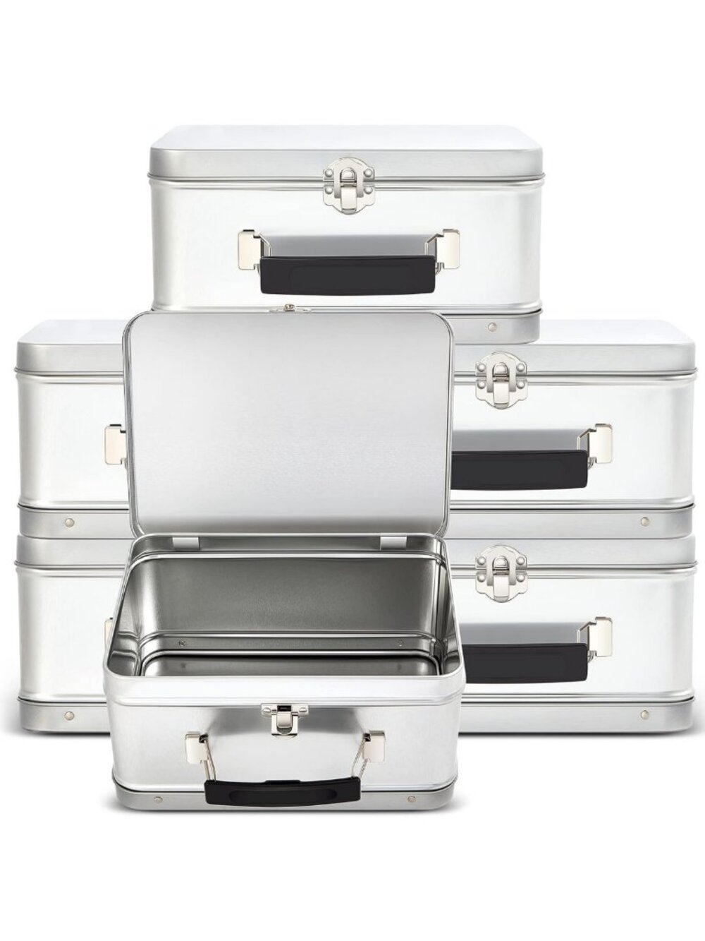 6 Pack Retro Silver DIY Lunch Box Tins with Hinged Lids - Vintage Style Storage